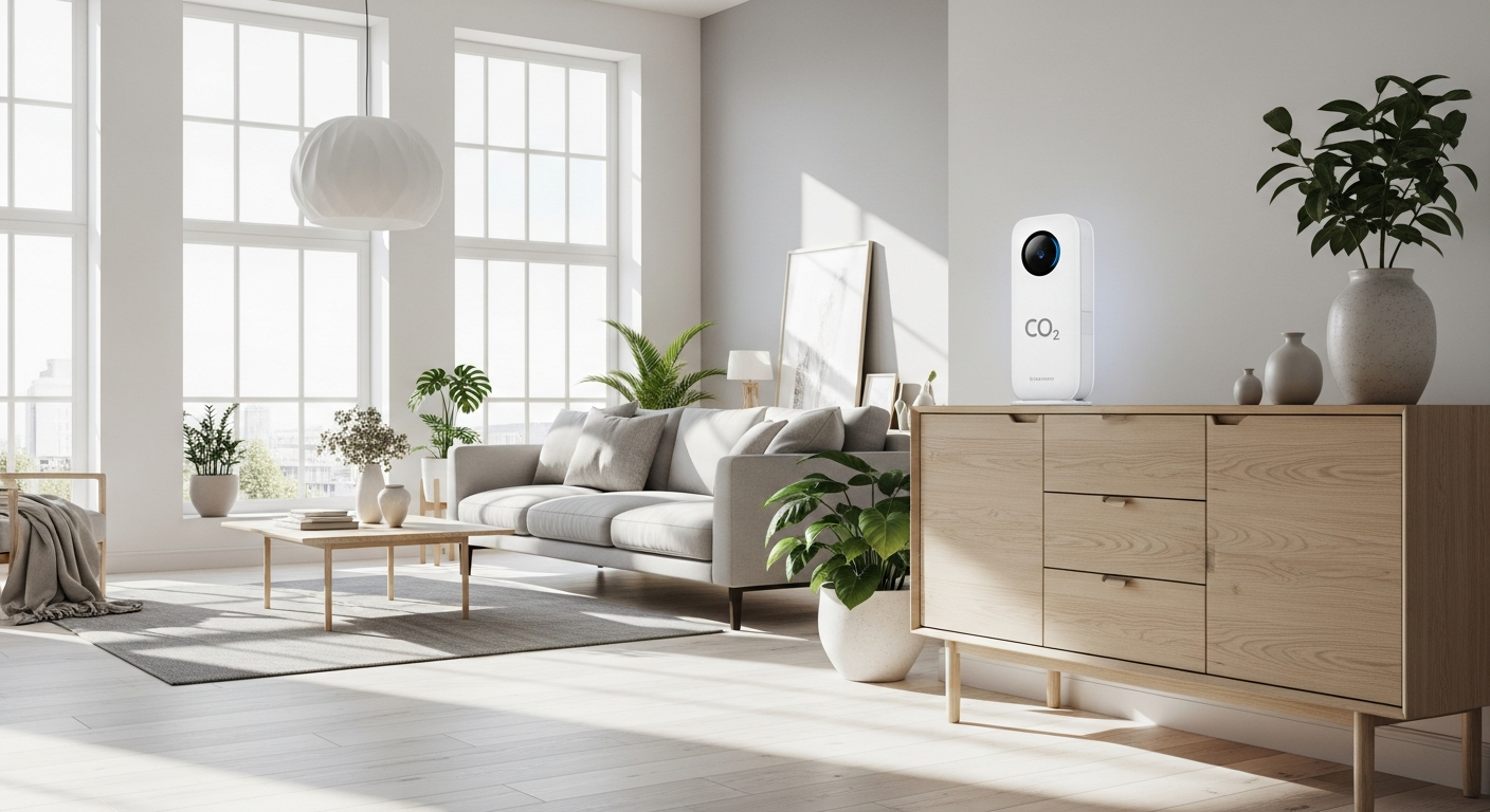 Woonkamer met CO2 meter voor gezonde luchtkwaliteit